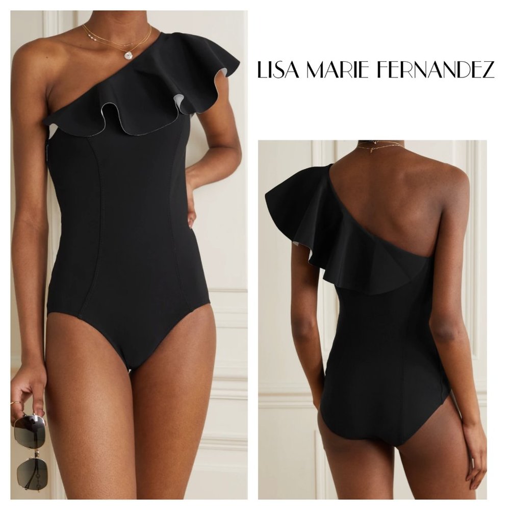LISA MARIE FERNANDEZ One-Shoulder Ruffled Black Swimsuit/ Bodysuit Medium Sz 3